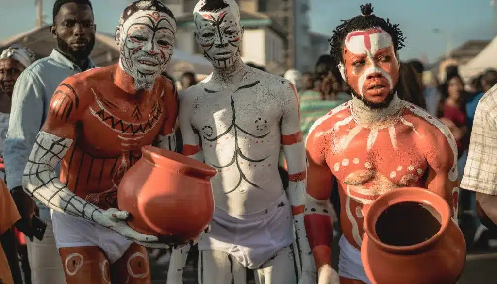 Men with body paints holding pots