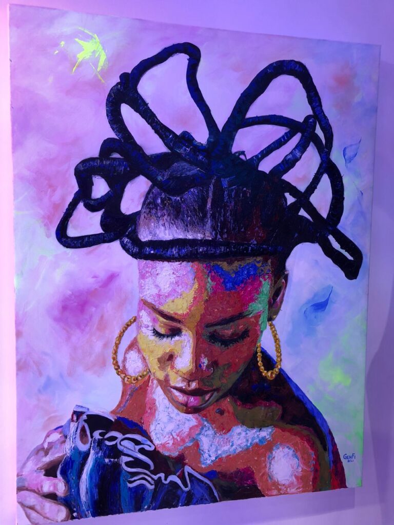 A painting of an African woman with her styled traditional hair
